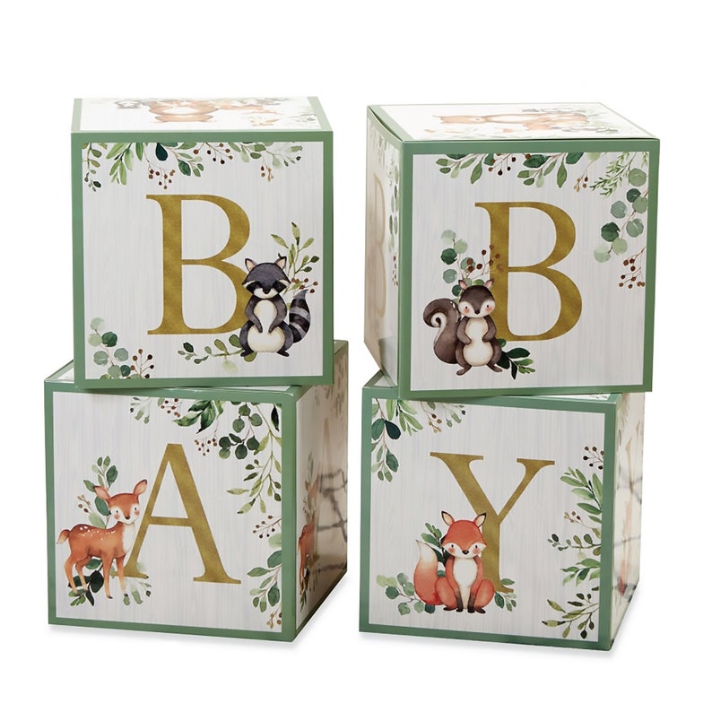 Woodland Baby Block Decorations 4ct Forest Animals Baby Shower Block Letters Woodland First Birthday Backdrop Woodland Gender Reveal image 1