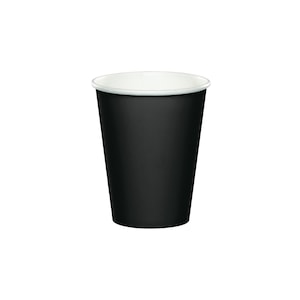 May include: A black paper cup with a white rim. The cup is empty and ready to be filled with a beverage.
