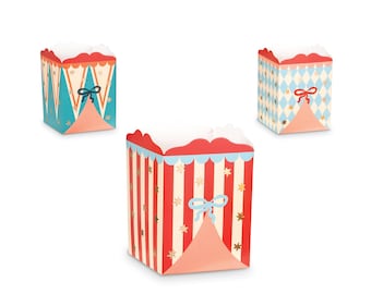 May include: Three colorful party favor boxes with a circus tent design. The boxes are red, blue, and white with gold stars and a blue bow.