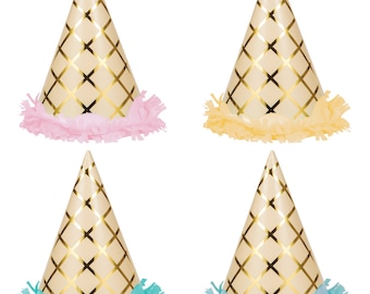 Ice Cream Cone Party Hats 8ct – Gold Foil & Pastel Fringe Birthday Decorations