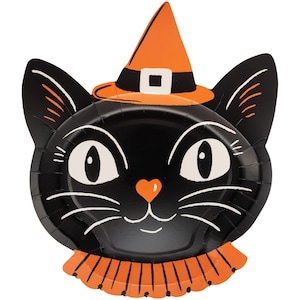 May include: A black cat-shaped paper plate featuring a bright orange witch hat with a black band and white buckle. The cat has large white eyes, a small orange heart-shaped nose, white whiskers, and a ruffled orange collar at the base of the plate.