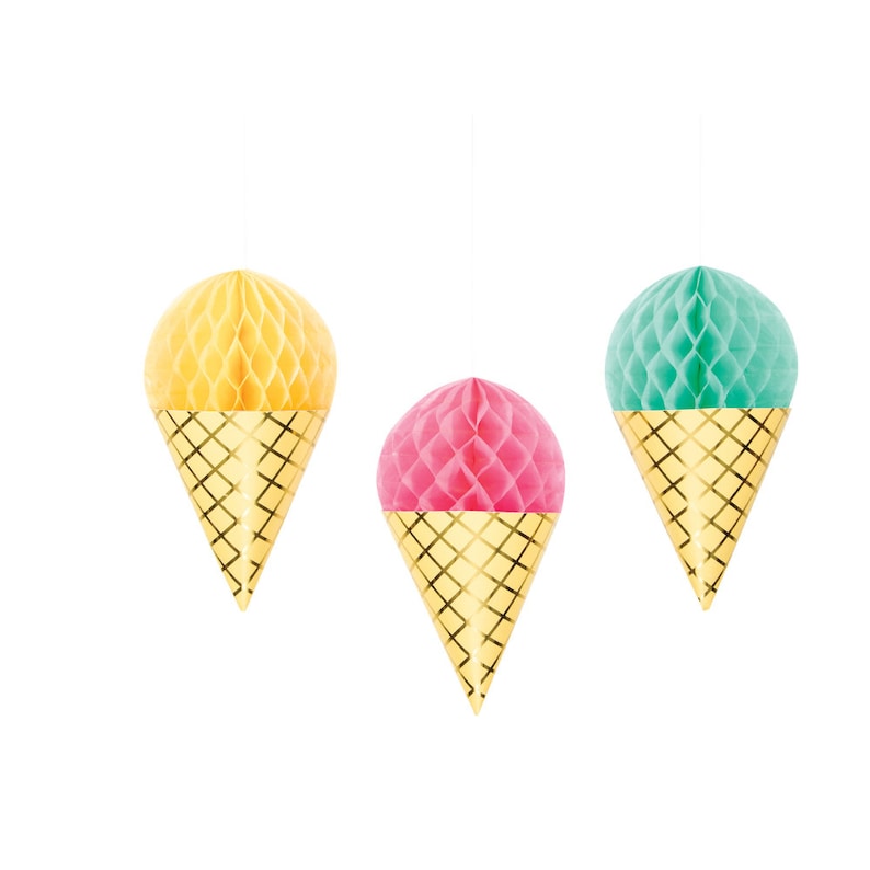 Ice Cream Cone Honeycomb Decorations 3ct | Ice Cream Social Party Decor | Girls Birthday | Here's the Scoop | Bridal Shower Decor 