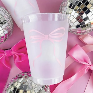 Pink Bow Frosted Plastic Cups 6ct | Pink Bow Baby Shower Cups | Bow First Birthday | Bow Bachelorette Cups | Bow Bridal Shower | Bow Party