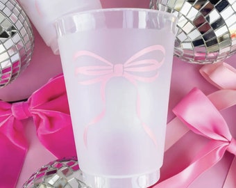 Pink Bow Frosted Plastic Cups 6ct | Pink Bow Baby Shower Cups | Bow First Birthday | Bow Bachelorette Cups | Bow Bridal Shower | Bow Party