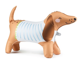May include: A brown and white inflatable dachshund balloon with a blue and white striped shirt. The balloon has a happy face and a small white tail.