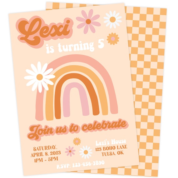 Boho Rainbow Birthday Invitation | Flower Power Birthday Invitation | Groovy Birthday Printable Invite | Retro Birthday Card | Daisy Party Il_570xn