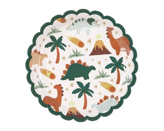 May include: A round paper plate with a scalloped green edge. The plate features a white background with a repeating pattern of cartoon dinosaurs, palm trees, volcanoes, and shooting stars in shades of green, brown, and orange.