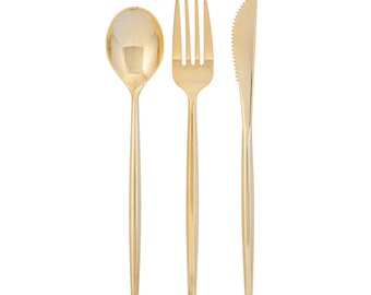 Modern Gold Plastic Cutlery Set for 10, Plastic Silverware, Disposable Flatware, Wedding Cutlery, Bachelorette Party, Birthday, Baby Shower