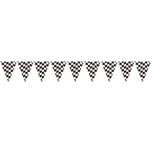 May include: A black and white checkered flag bunting with 10 triangular flags.