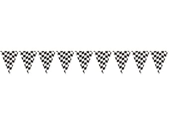 May include: A black and white checkered flag bunting with 10 triangular flags.