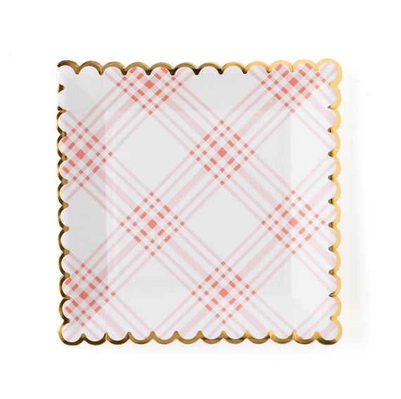 Pink & White Plaid Scalloped Square Lunch Plates 8ct | Mother's Day Brunch | Easter Party Decor | Garden Tea Party | Floral Bridal Shower Il_570xn
