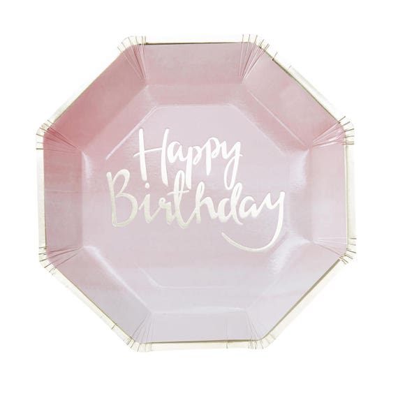 Blush Ombre Paper Plates 9" | Gold Foil 'Happy Birthday' | Birthday Party Plates | Pack of 8 Paper Plates Il_570xn