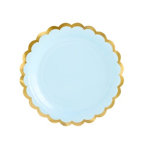 Light Blue Gold-Trimmed Scalloped Dessert Plates 6ct | Baby Shower Decor | Boy&#39;s First Birthday | Gender Reveal