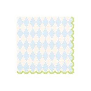 Blue & Cream Rhombus Paper Napkins (20ct) – Green Scalloped Edge for Spring Party Decor
