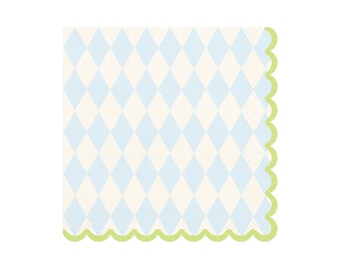 Blue & Cream Rhombus Paper Napkins (20ct) – Green Scalloped Edge for Spring Party Decor