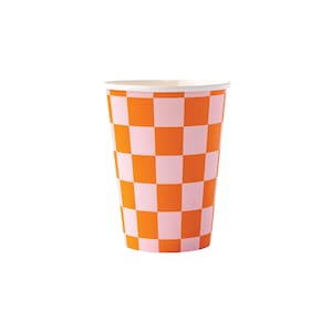 Pink & Orange Checkered Paper Cups 8ct | Groovy Birthday | Disco Bachelorette | Groovy Party | Hippie Halloween Party | Pink Halloween Cups