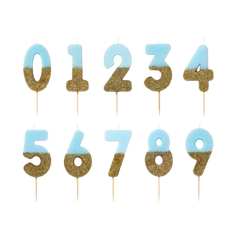 Blue and Gold Glitter Dipped Number Birthday Candle Milestone Birthday Boys Birthday Party Anniversary Candles Number Cake Toppers image 1