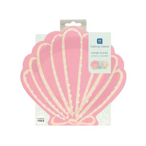 May include: Pink, blue and yellow paper plates shaped like seashells. The plates are part of a 12 pack and are plastic free. The text on the packaging reads "Talking Tables Paper Plates 12 Pack | 3 Colours".