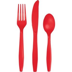 Red Premium Plastic Cutlery Service for 8 | Plastic Cutlery | Party Utensils | Kids Birthday | Disposable Flatware | Christmas | Animals