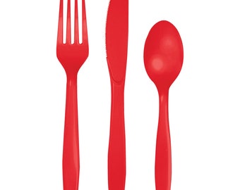 Red Premium Plastic Cutlery Service for 8 | Plastic Cutlery | Party Utensils | Kids Birthday | Disposable Flatware | Christmas | Animals