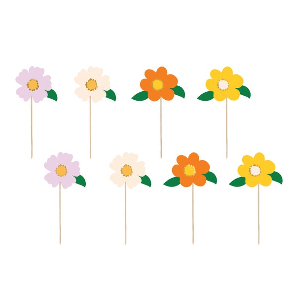 Flower Cupcake Toppers 8ct | Flower Party Decor | Flower Garden | Spring Baby Shower | Flower Power Birthday | Groovy Birthday Party