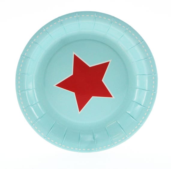 Plates | Blue with Red Star Cake Plates 7" | Boy Birthday | 12 Paper Plates | Retro Carnival | Airplane Party | Baseball | The Party Darling Il_570xn