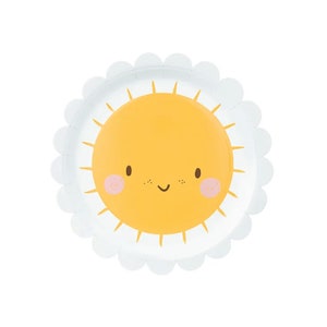 May include: White paper party plate with a yellow sun with a smiling face and pink cheeks. The sun has a white outline and rays.
