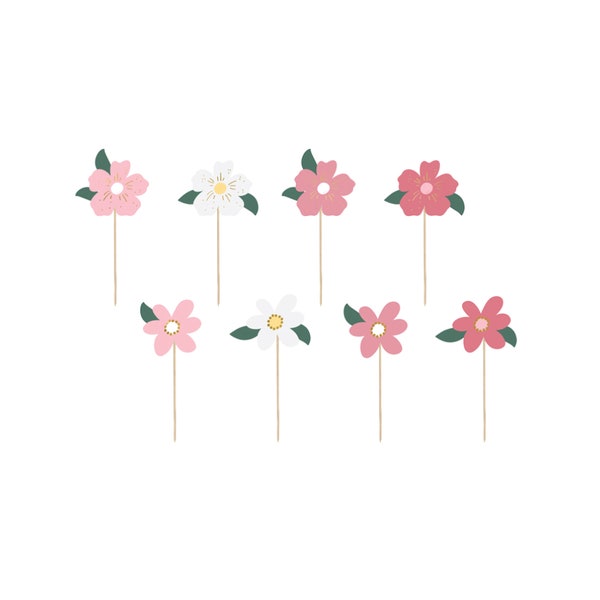 Pink Flower Cupcake Toppers 8ct| Tea Party Birthday Party | Floral Bridal Shower | Mother's Day | Floral Baby Shower | Flower Power Party