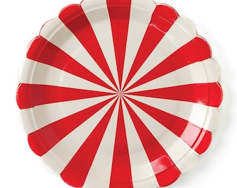 Red & White Striped Scalloped Lunch Plates 8ct | 4th of July Party | Circus Baby Shower | Carnival Birthday | Christmas Decor | Pirate Party