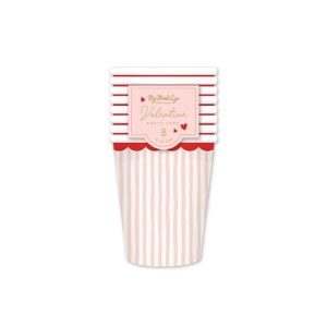 Bicchieri di carta a strisce rosse e rosa da 8 ct / Decorazione di San Valentino / Festa di San Valentino / Stoviglie Be My Valentine / Aula di San Valentino