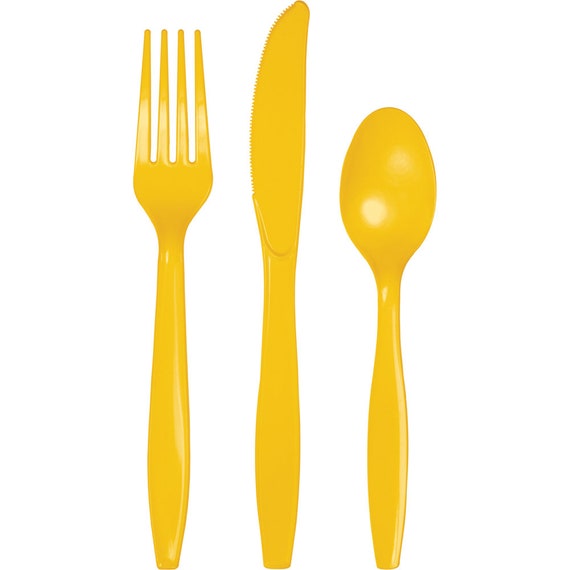 Yellow Premium Plastic Cutlery Service for 24 Plastic Silverware Party Utensils Kids Birthday Party Cutlery disposable Flatware Sun Etsy