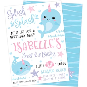Narwhal Birthday Party Invitation | Under the Sea First Birthday | Unicorn of the Sea Printable Invite | Digital Personalized Invite