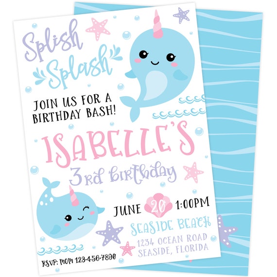 Narwhal Birthday Party Invitation | Under the Sea First Birthday | Unicorn of the Sea Printable Invite | Digital Personalized Invite Il_570xn