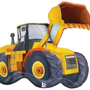 May include: A large, yellow and black construction vehicle balloon. The balloon features a detailed design of a front-end loader with a large bucket. The wheels are black with yellow centers, and the cab has a clear window.
