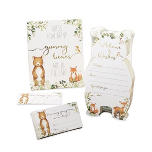 Bos babyshoweradvies en babyshowerspelbundel | Bosdieren | Advieskaarten voor kersverse ouders | Raad eens hoeveel gummyberen