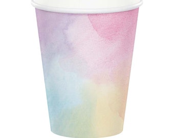 Rainbow Watercolor Paper Cups 8ct | Rainbow Baby Shower | Pastel Rainbow Unicorn Birthday | Tie-Dye Party Decor | Groovy Birthday Party