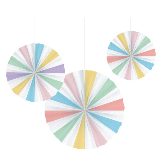 Pastel Striped Paper Fan Decorations 3ct | Ice Cream Birthday Party | Girls Birthday | Gender Neutral Baby Shower | Pastel Rainbow Decor Il_570xn