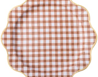 Brown Gingham Scalloped Dinner Plates 8ct – Thanksgiving Plates, Fall Party Tableware