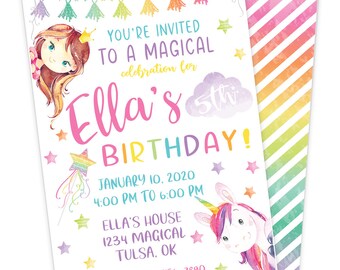 May include: A colorful invitation for a 5th birthday party. The invitation features a unicorn and a princess with a wand. The text reads "You're invited to a magical celebration for Ella's 5th Birthday! January 10, 2020 4:00 PM to 6:00 PM Ella's House 1234 Magical Tulsa, OK RSVP: Janna 123-456-7890"