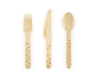 Gold Stars Wooden Cutlery Set for 6 | Twinkle Little Star Baby Shower | New Year's Eve Decor | First Birthday | Outer Space Birthday