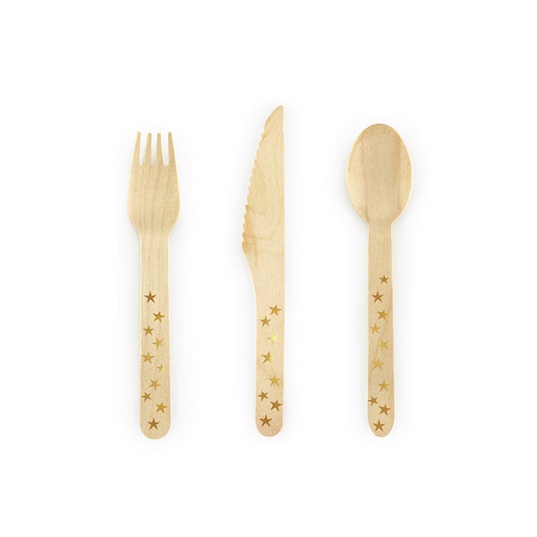 Gold Stars Wooden Cutlery Set for 6 | Twinkle Little Star Baby Shower | New Year's Eve Decor | First Birthday | Outer Space Birthday