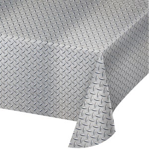 May include: A gray and silver plastic tablecloth with a diamond pattern, resembling a metal floor.