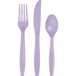 Lavendel Plastikbesteck Service für 8 | Kunststoff Besteck | Party Utensilien | Kindergeburtstag | Einwegbesteck | Lila Partyzubehör