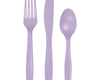 Lavender Plastic Cutlery Service for 8 | Plastic Silverware | Party Utensils | Kids Birthday | Disposable Flatware | Purple Party Supplies