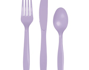 Lavender Plastic Cutlery Set for 8 – Disposable Party Utensils for Birthday or Shower