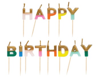 Rainbow & Gold Happy Birthday Candle Set | Girls Birthday Party Decorations | Birthday Cake Toppers | Rainbow Candle Letters | Cake Decor
