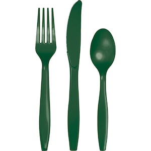 May include: A set of three green plastic utensils, including a fork, knife, and spoon.