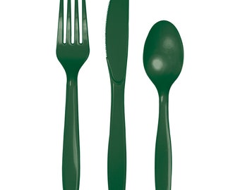 Hunter Green Premium Plastic Cutlery Service for 8 | Plastic Silverware | Party Utensils | Kids Boys Birthday Party | Disposable Flatware