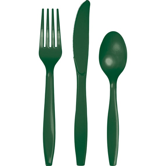 Hunter Green Premium Plastic Cutlery Service for 8 | Plastic Silverware | Party Utensils | Kids ...