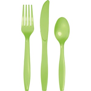 May include: A set of three lime green plastic utensils, including a fork, knife, and spoon.